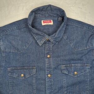 Wrangler Shirt Mens Large‎ Blue Denim Pearl Snap Long Sleeve Western Button Up